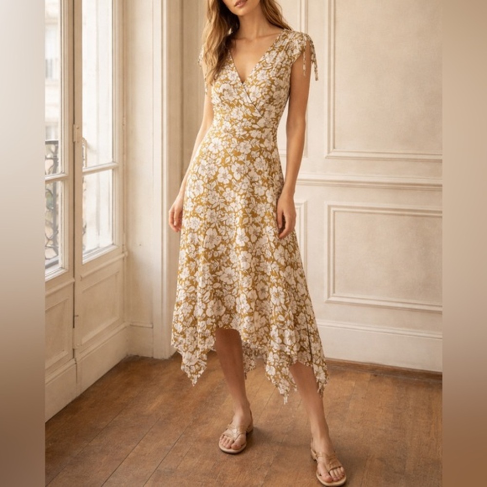 Tularosa Mills Marigold Floral Gold Boho V Neck Flowy Resortwear Midi Dress